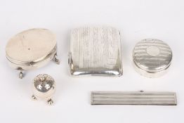 Five items of assorted silver, including a Birmingham silver cigarette case; an egg shape