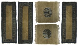 Three Chinese prayer mats and two additional mats, The three rectangular prayer mats with blue