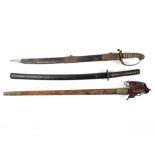 Three 19th century swords, comprising: a Victorian naval sword with gilded lion hilt and shagreen