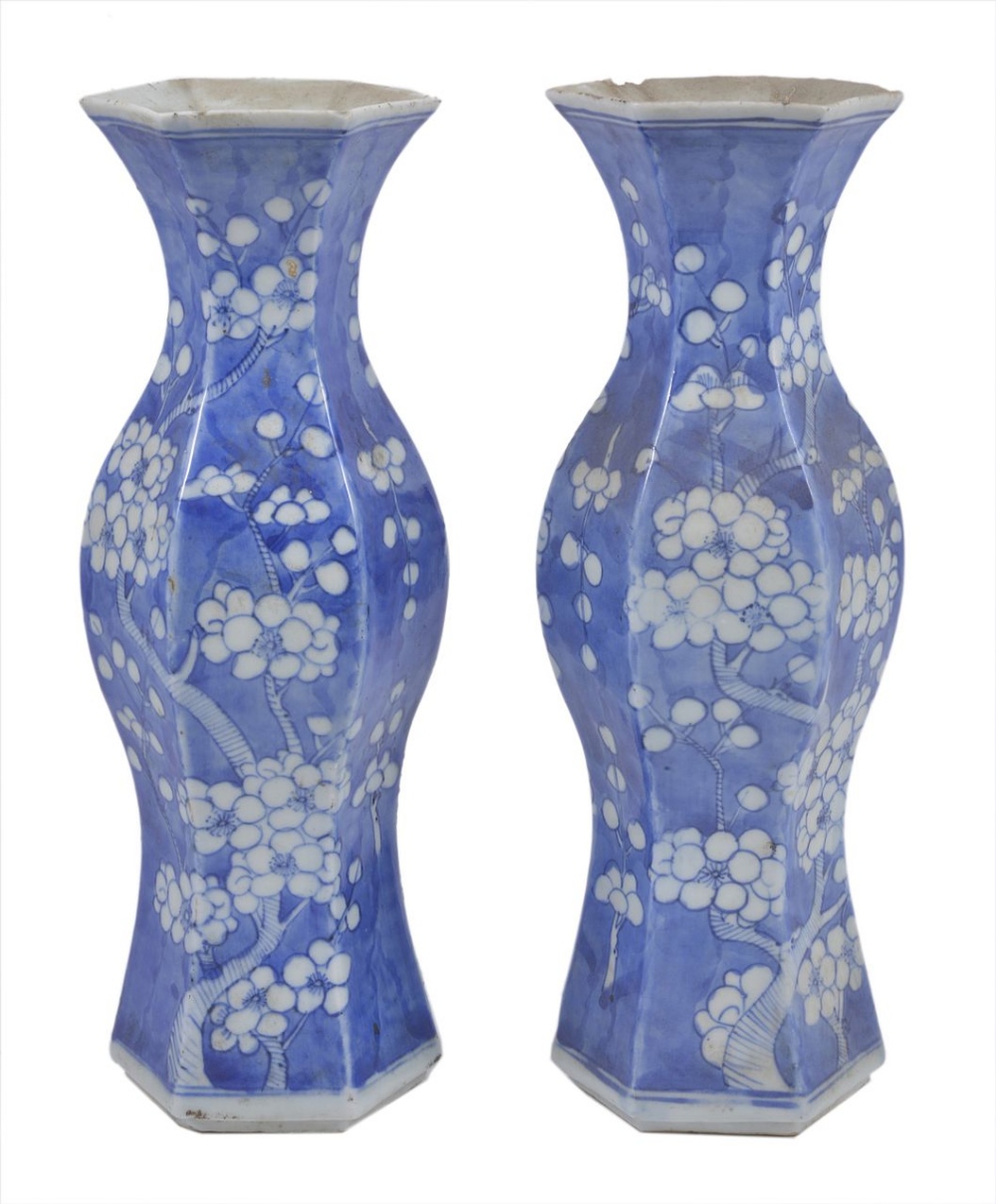 A pair of late 19th century Chinese blue and white vases, of hexagonal form, painted with a