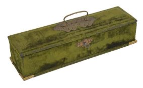 A green velvet covered glove box, of rectangular form with decorative brass handle to the lid, and