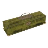 A green velvet covered glove box, of rectangular form with decorative brass handle to the lid, and