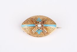 A Victorian yellow metal, enamel and seed pearl brooch, formed as an oval textured ground with