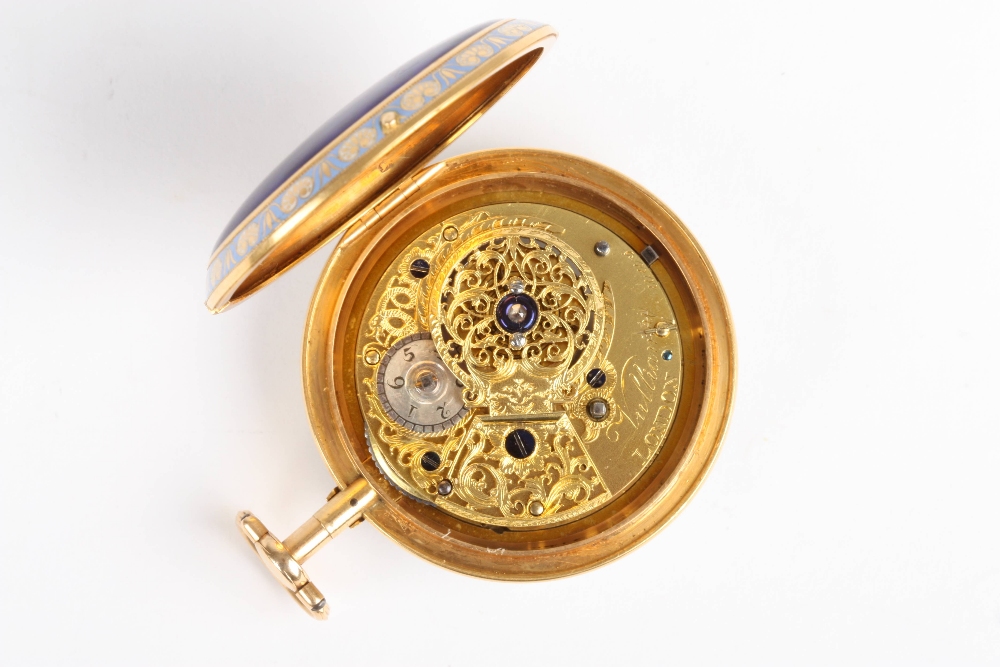 An 18K gold Vulliamy of London open face enamel pocket watch, the white enamel dial with black roman - Image 2 of 4