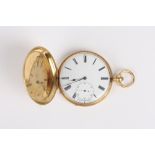 An 18ct gold full hunter pocket watch, the white enamel dial with subsidiary seconds dial, black