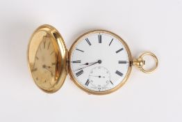An 18ct gold full hunter pocket watch, the white enamel dial with subsidiary seconds dial, black