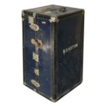 A navy blue travelling trunk, with drawers and compartments, width 54cm . Worn, with painted name