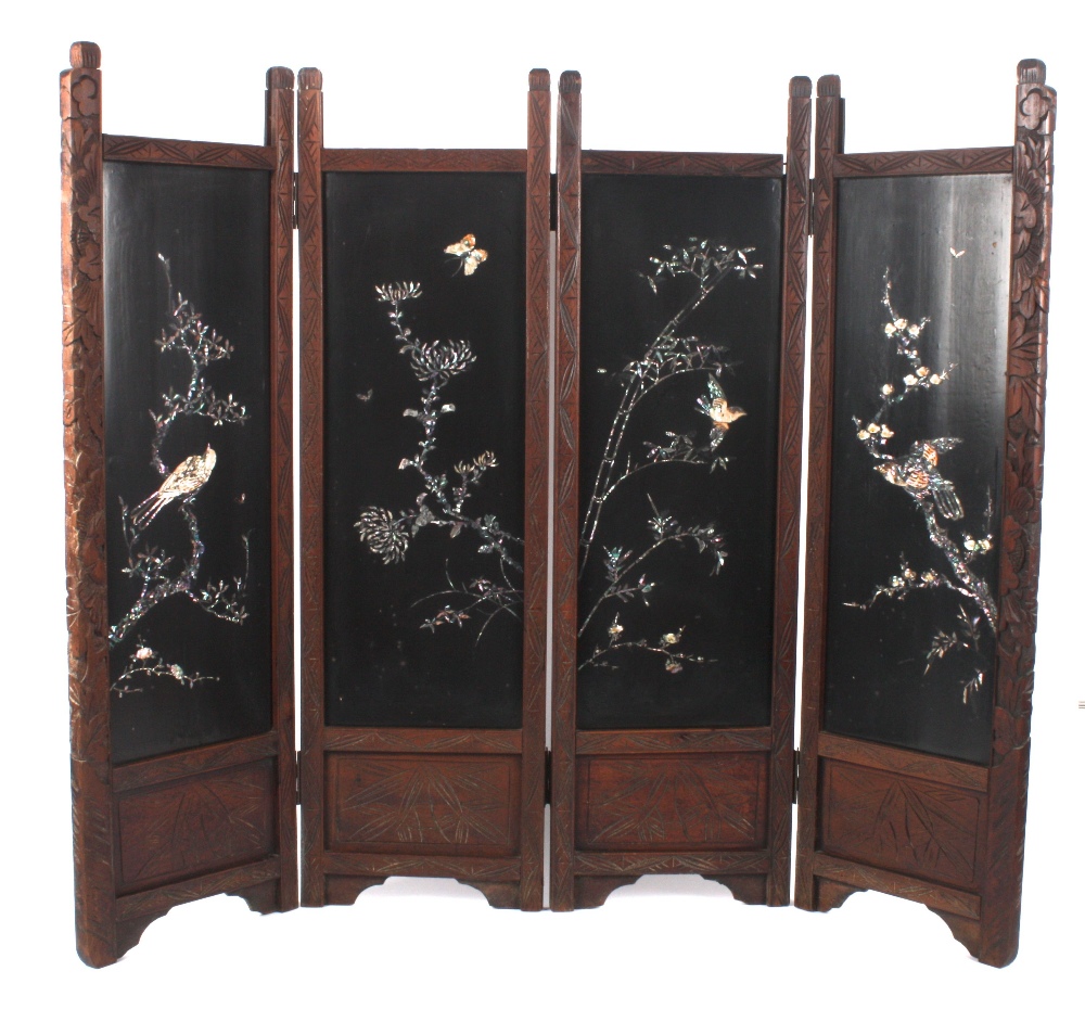 A small early 20th century Japanese Shibyama four fold table screen, each panel inlaid with birds