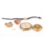 A collection of assorted jewellery, including a 9ct gold flower brooch set with semiprecious stones,