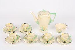 A Burleigh ware Art Deco coffee set, decorated with flowers, comprising: six cups and saucers, sugar