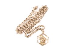 A Modern 9ct gold belcher link chain necklace, with female head medallion attached, 24.9g .