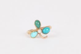 A turquoise and seed pearl dress ring, in the form of a flower with centre seed pearl and