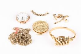 A small collection of assorted gold and plated jewellery, including: a 9ct gold watch, a 9ct gold