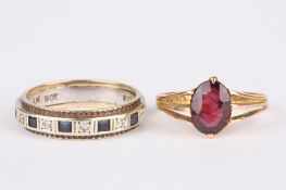 A 9ct gold ring set with garnet coloured stone, together with a 9ct gold, diamond and sapphire