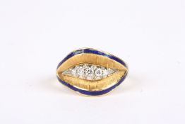A yellow metal, diamond and enamel ring, formed as a graduated row of diamonds flanked by blue