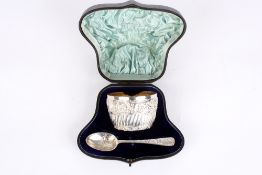 A Victorian christening set, the silver gilt bowl hallmarked London 1895, with repousse of scrolls