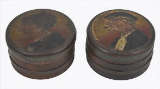 Two lacquer wooden boxes, late 19th century the screw top boxes of circular form, one lid