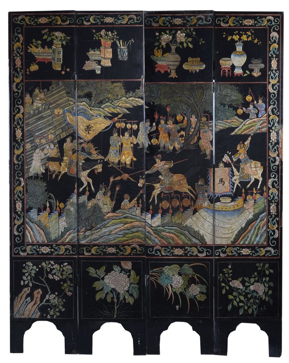 An early 20th century Chinese screen, with four carved and painted panels depicting images of - Image 2 of 2
