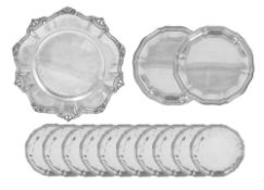 A small collection of Continental silver, comprising two small trays with 10 coasters of matching