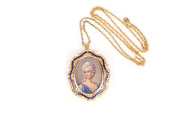 A mid 20th century oval portrait of a lady in a gold mount, the lady in 18th century dress with