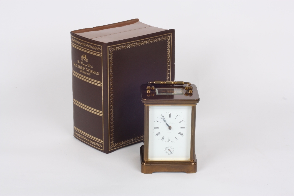 A Modern lacquered brass carriage clock, Swiss with movement signed Matthew Norman No 1750, striking - Image 4 of 4