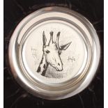 A 1975 Bernard Buffet silver plate decorated with a Giraffe, marked .925, in a fitted box with