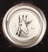 A 1975 Bernard Buffet silver plate decorated with a Giraffe, marked .925, in a fitted box with