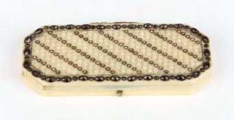 A 19th century ladies ivory patch box, of elongated octagonal form decorated with pique work, the