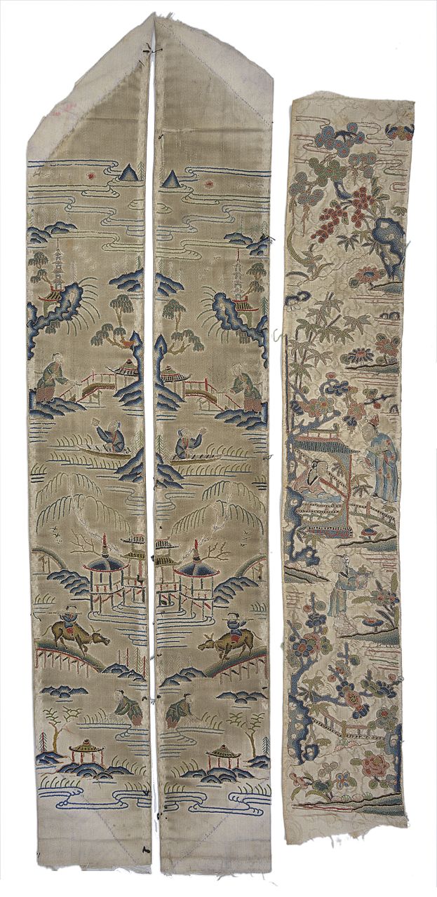 Three Chinese small silk panels, two embroidered with figures on bridges amongst islands, the
