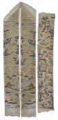 Three Chinese small silk panels, two embroidered with figures on bridges amongst islands, the