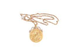 A gold two pound piece, dated 1902, with attached mount, on a 9ct gold chain, 26.9g .