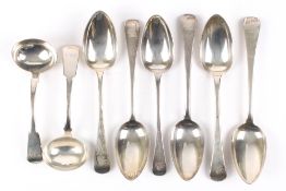 Six Georgian table spoons, hallmarked London 1802 and 1812, with initials for Charles and Henry Eley