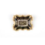 A Victorian yellow metal, black enamel and seed pearl mourning brooch
with a central braided hair