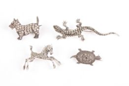 A small collection of brooches in the form of animals/reptilescomprising a silver and marcasite