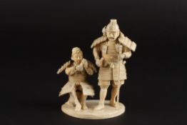 An ivory okimono figure group of two Japanese warriorslate 19th/early 20th century one of the