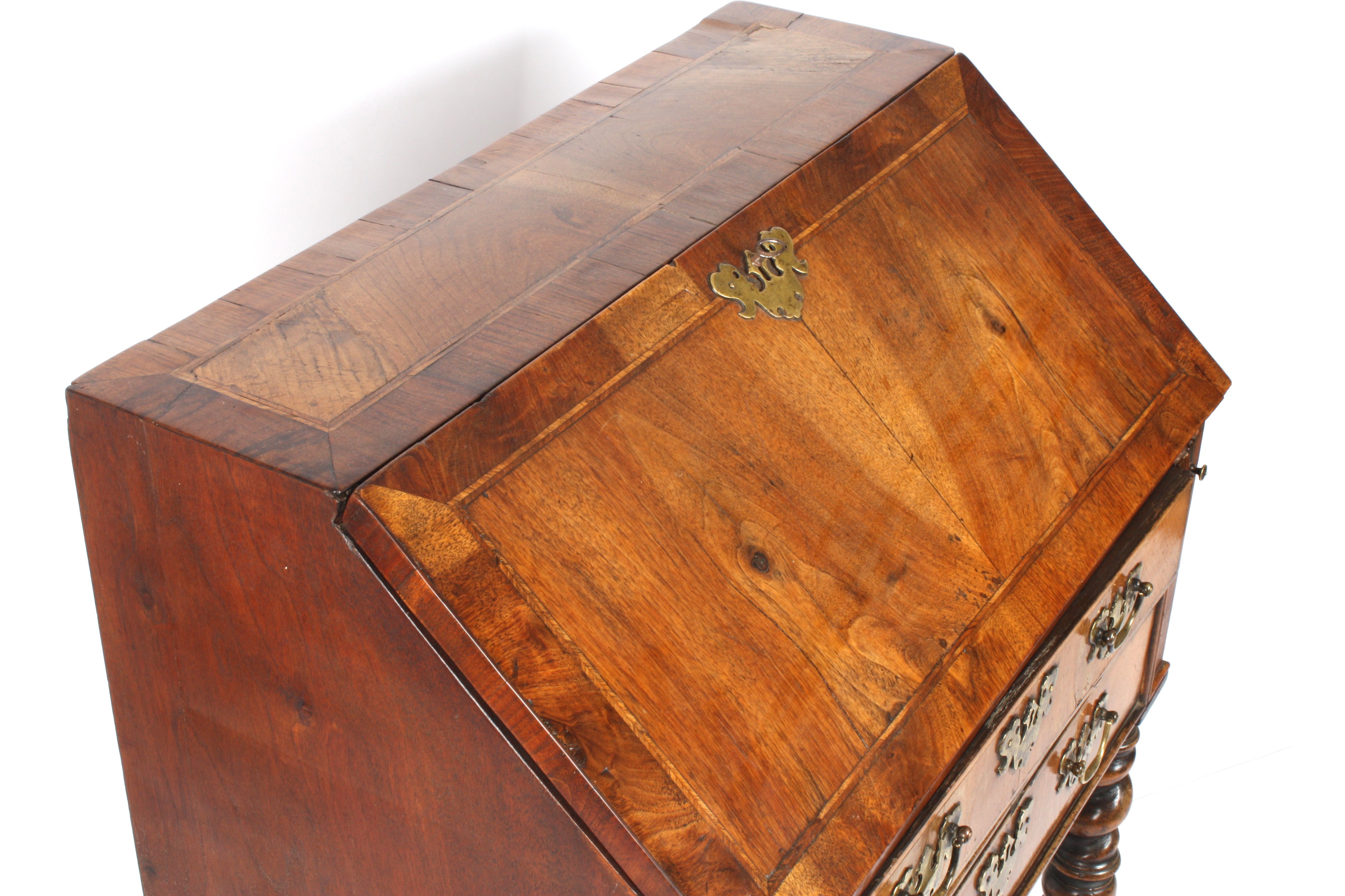 A 19th century walnut bureau on stand
the front lifting down to reveal a compartmented interior, - Image 4 of 4