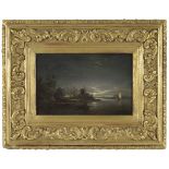 Follower of Henry Bright, circa 1850
'A moonlit river scene' with boats and windmill, oil on