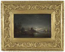 Follower of Henry Bright, circa 1850'A moonlit river scene' with boats and windmill, oil on