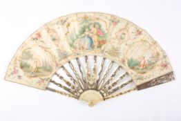 An ivory and painted paper fanprobably late 18th centurythe guard sticks inset with trailing