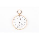 An 18ct gold open faced pocket watch
with Swiss movement, enamel dial, subsidiary seconds, Roman