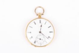 An 18ct gold open faced pocket watchwith Swiss movement, enamel dial, subsidiary seconds, Roman