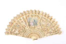 A bone and sequin decorated fanthe pierced and painted sticks and guard sticks, with material fan