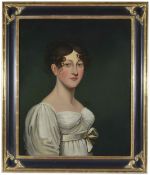 Continental School, circa 1840A portrait of a young lady, half length, wearing a white dress, oil