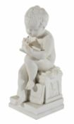 A parian figure of a young boyseated in a thoughtful pose with one knee bent up, scribing