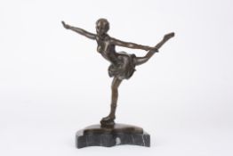 After Ferdinand PreissA contemporary bronze model of an ice skater, gliding on one leg and