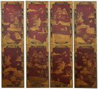 Four decorative lacquered panelseach panel decorated with oriental scenes depicting temples, birds,