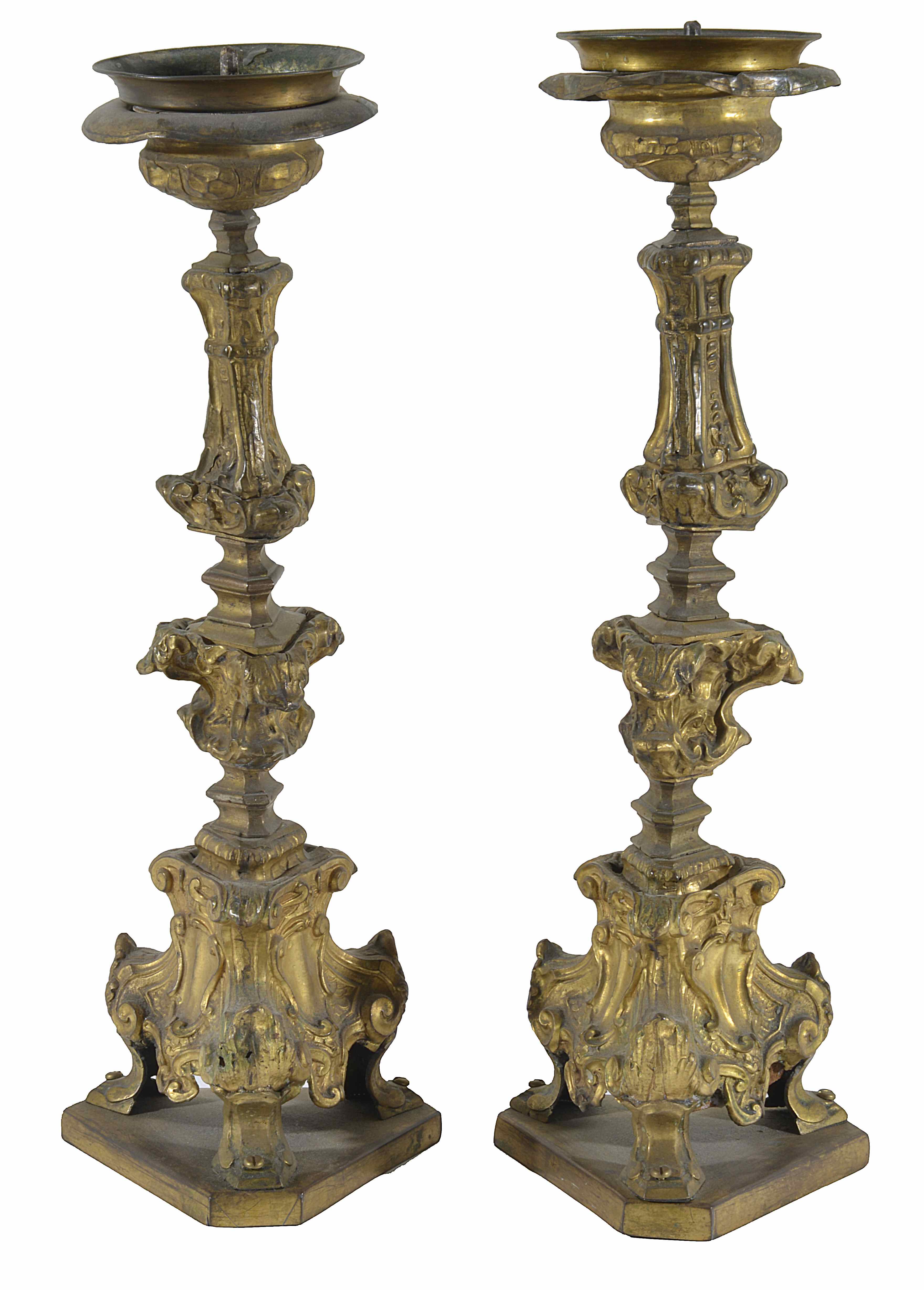 A pair of decorative gilt brass repoussé candlesticks
possibly 18th centuryDimensions: height