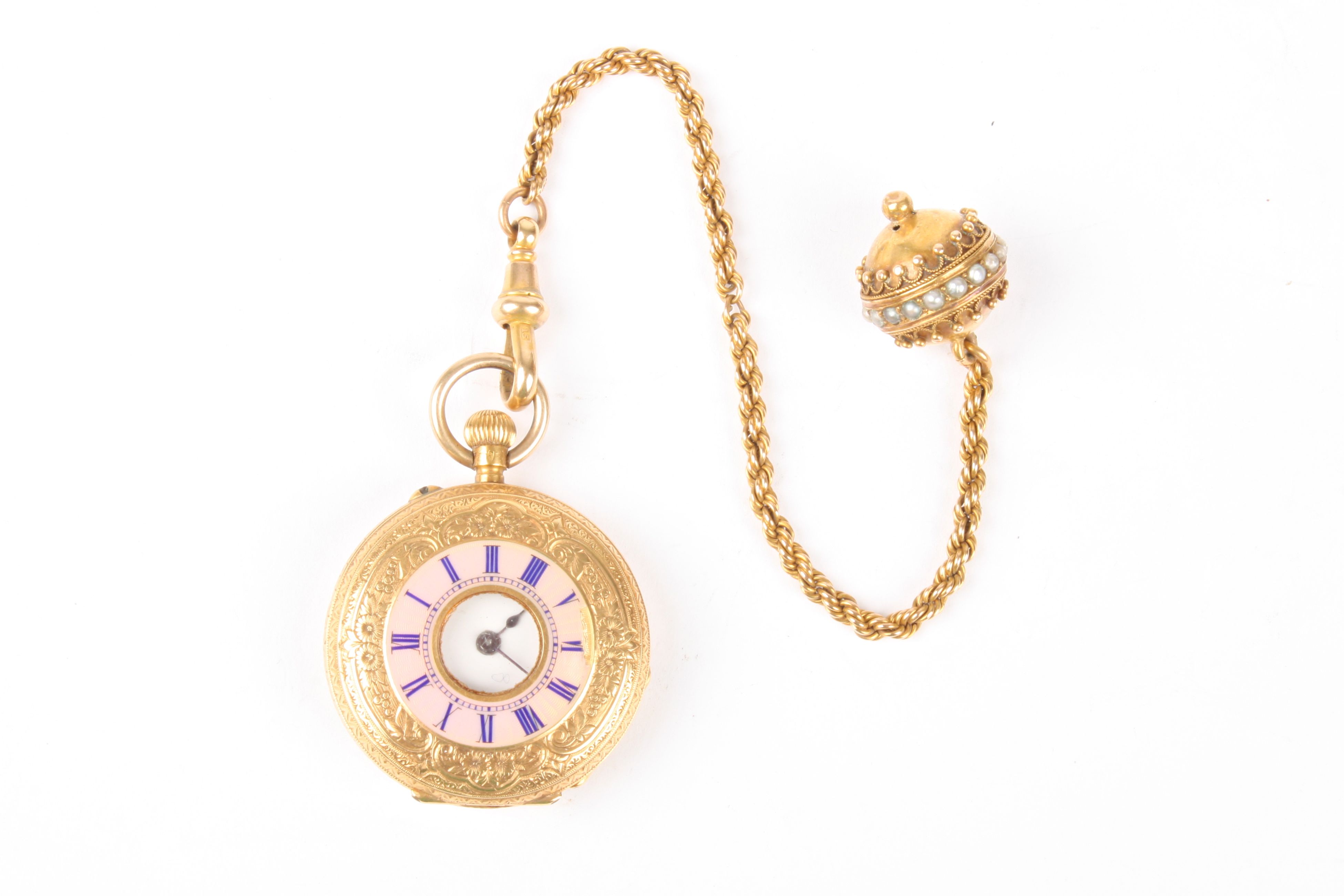 A ladies French 18ct gold and enamel half hunter fob watch with chain and pendant
the half hunter