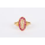 A 19th century 18ct gold marquise diamond and ruby shaped ring 
set with rubies and central