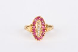 A 19th century 18ct gold marquise diamond and ruby shaped ring set with rubies and central